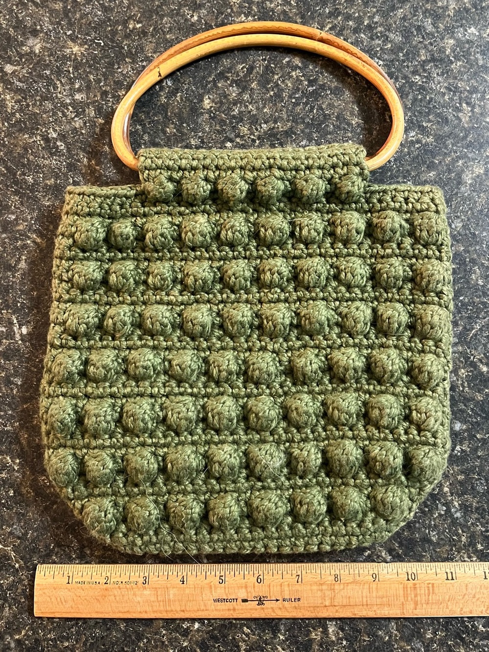 Vintage Forest Green Colored Crotchet Handbag with Wood Handles - Boho Style
